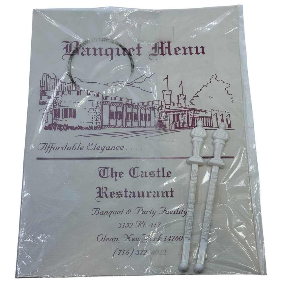 Vintage The Castle Restaurant Olean NY Banquet Menu and 2 Swizzle Sticks Set